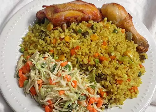 Fried Rice, salad, and chicken